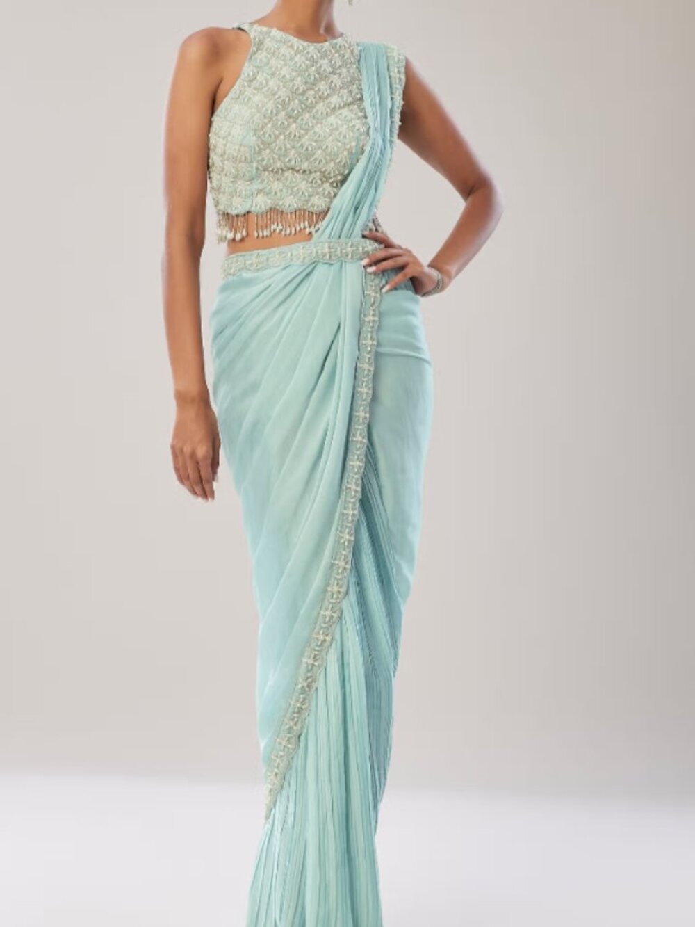 KALKI Sky Blue Pre-Draped Saree Blouse & Belt Set